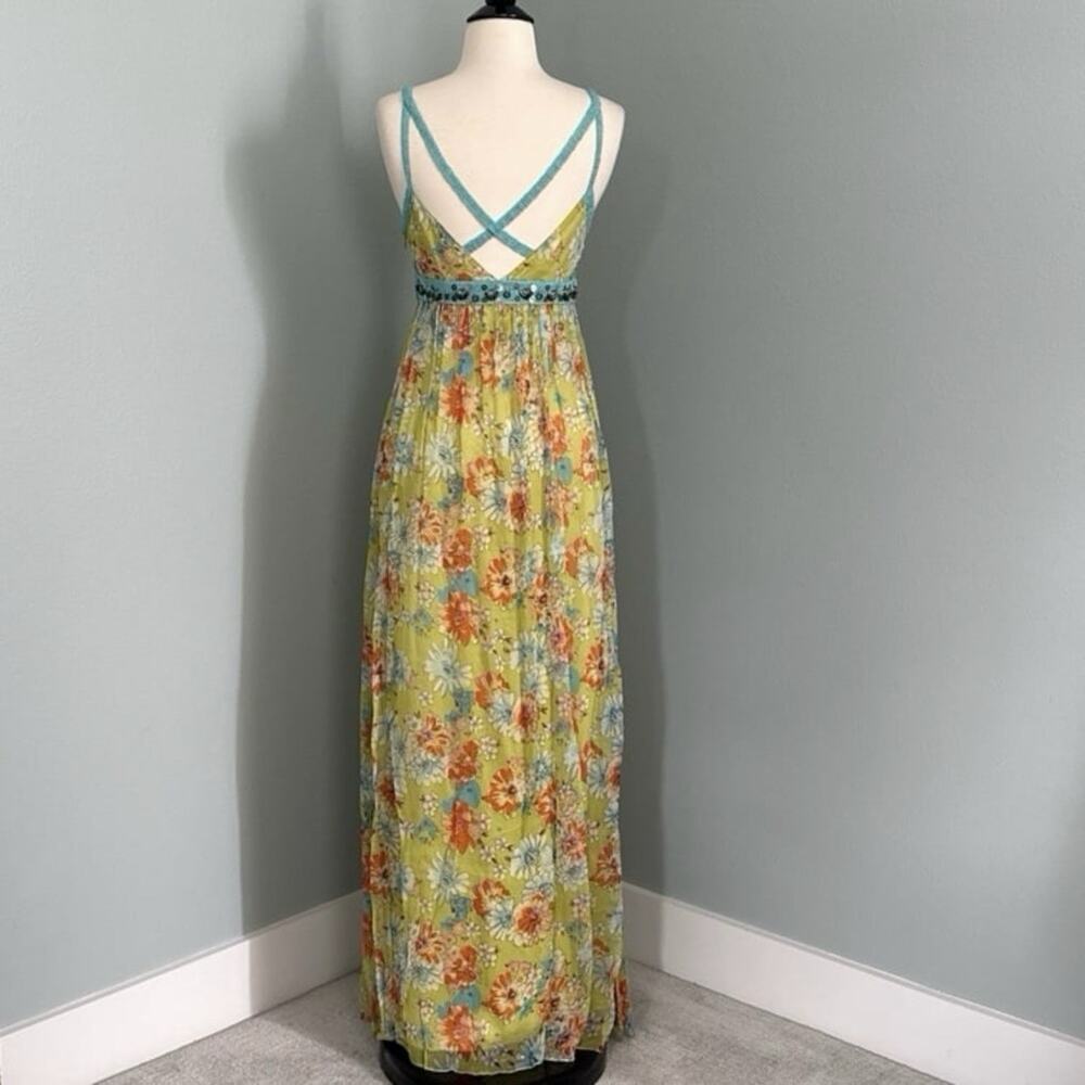 100% Silk Sue Wong Green Multicolor Beaded Floral Maxi Dress Blue Crochet - Picture 2 of 13